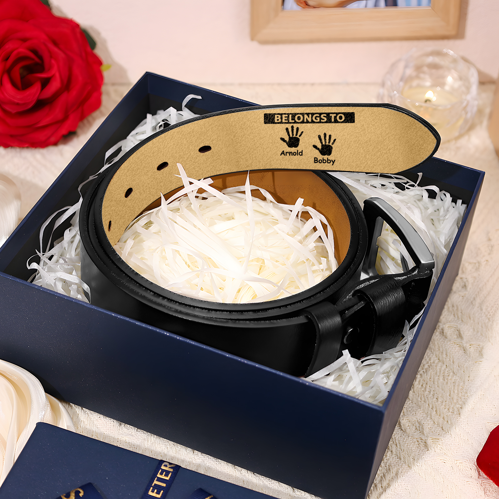 2 names & 2 texts - Personalized Leather Belt for Dad with symbolic handprints  – Hidden Message & Name - Father's Day