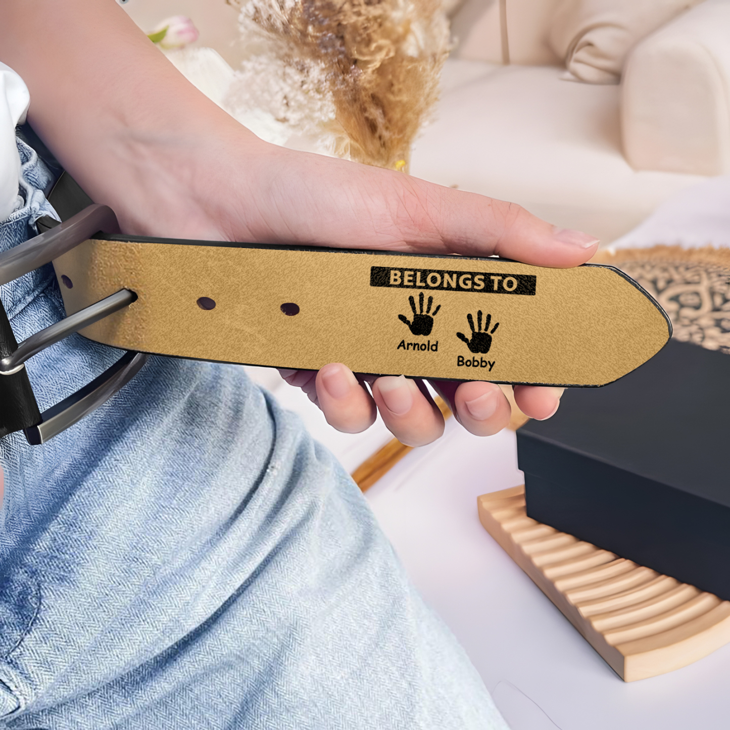 2 names & 2 texts - Personalized Leather Belt for Dad with symbolic handprints  – Hidden Message & Name - Father's Day