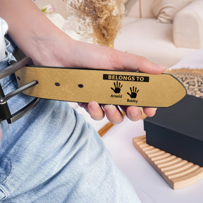 2 names & 2 texts - Personalized Leather Belt for Dad with symbolic handprints  – Hidden Message & Name - Father's Day