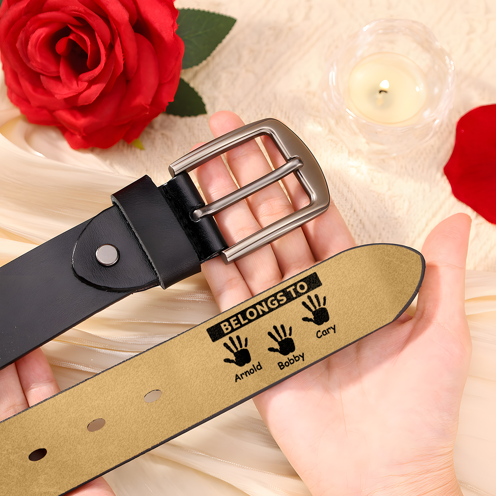 3 names & 2 texts - Personalized Leather Belt for Dad with symbolic handprints  – Hidden Message & Name - Father's Day