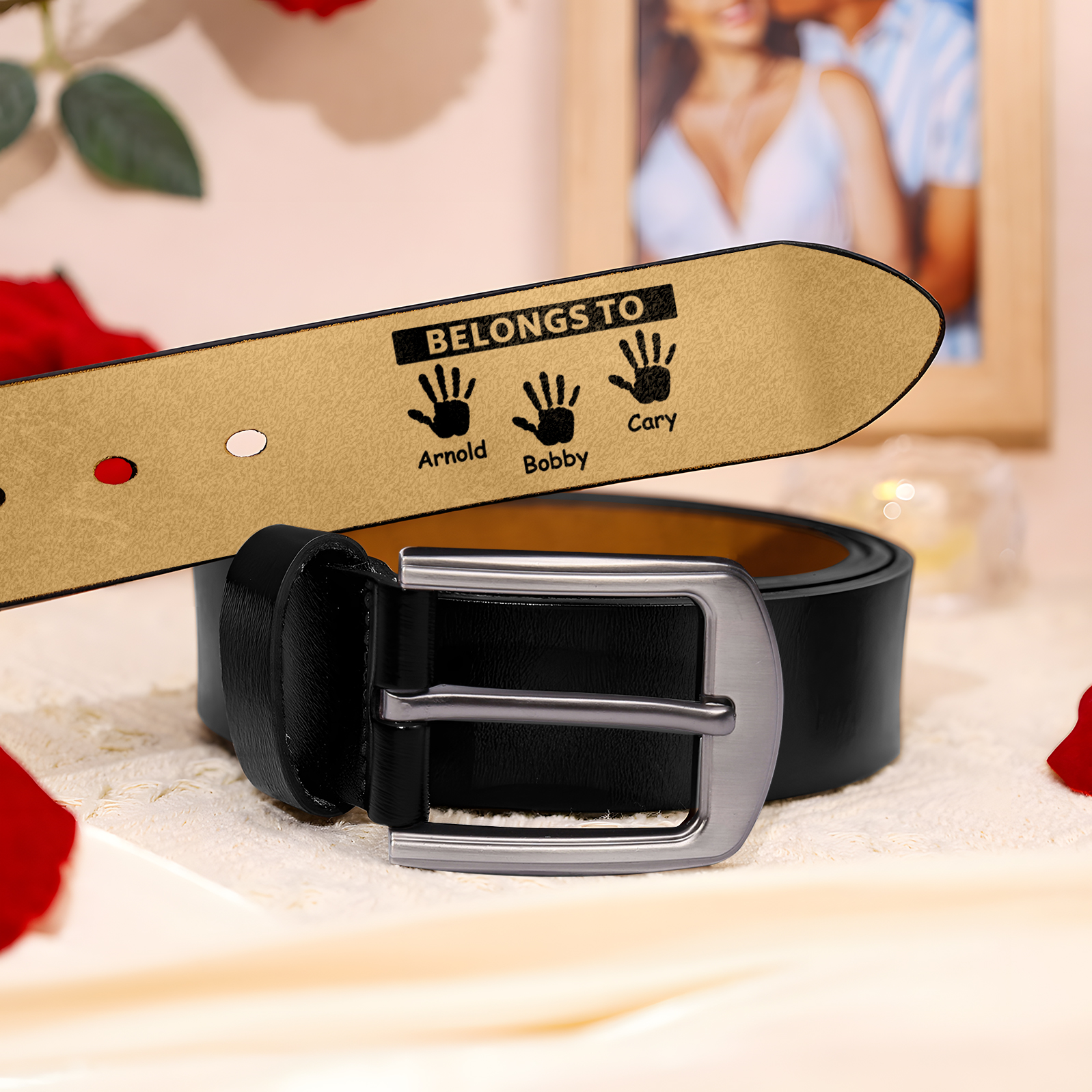 3 names & 2 texts - Personalized Leather Belt for Dad with symbolic handprints  – Hidden Message & Name - Father's Day
