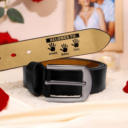 3 names & 2 texts - Personalized Leather Belt for Dad with symbolic handprints  – Hidden Message & Name - Father's Day