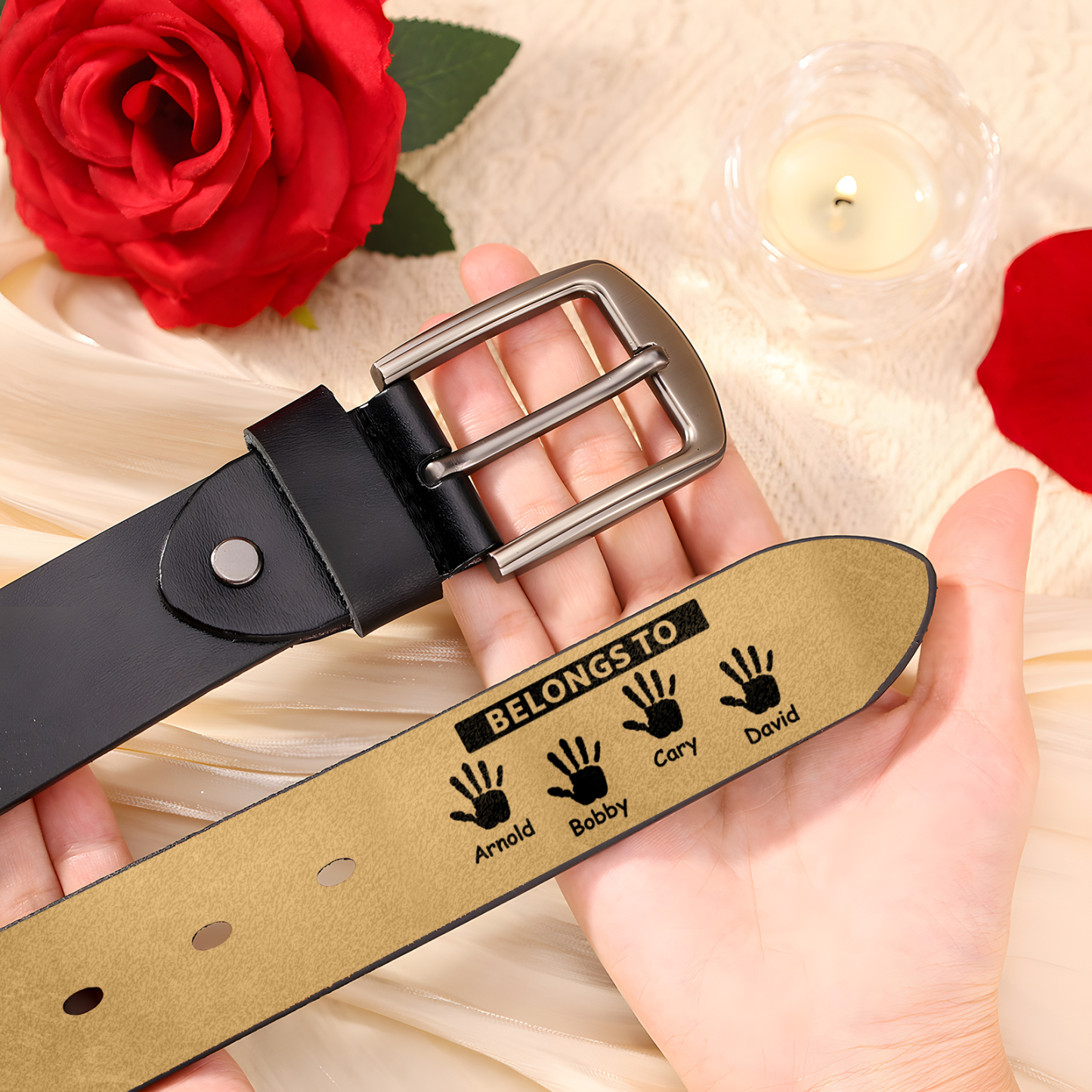 4 names & 2 texts - Personalized Leather Belt for Dad with symbolic handprints  – Hidden Message & Name - Father's Day