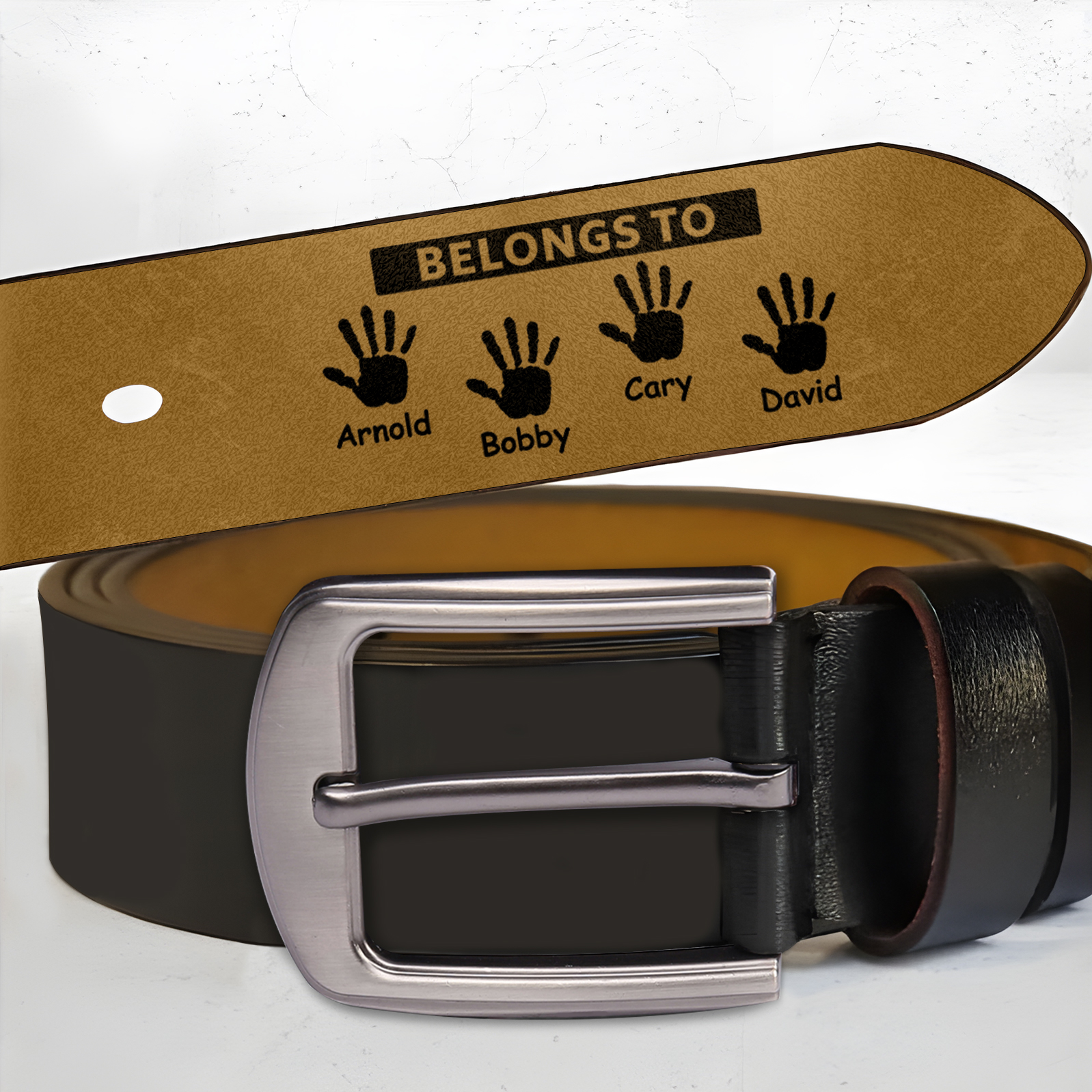 4 names & 2 texts - Personalized Leather Belt for Dad with symbolic handprints  – Hidden Message & Name - Father's Day