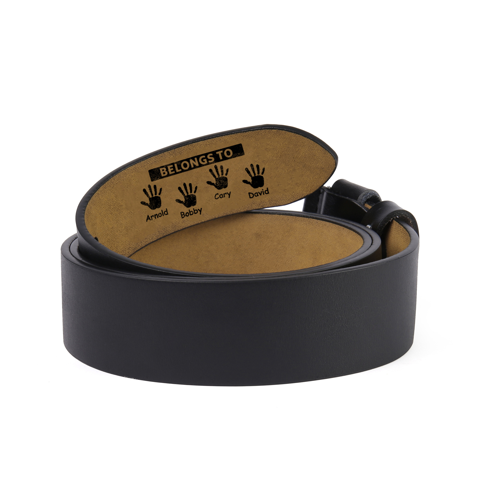 4 names & 2 texts - Personalized Leather Belt for Dad with symbolic handprints  – Hidden Message & Name - Father's Day