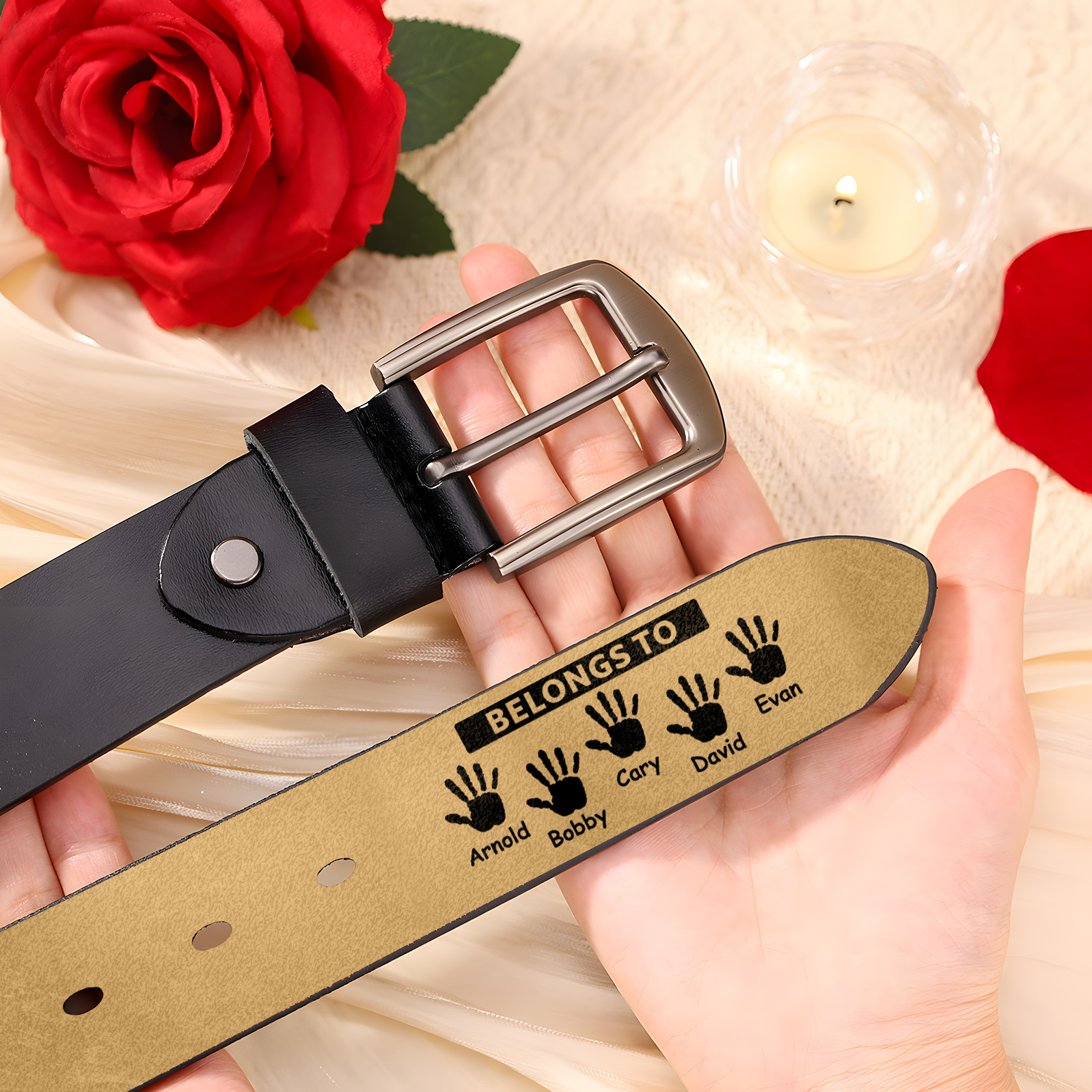 5 names & 2 texts - Personalized Leather Belt for Dad with symbolic handprints  – Hidden Message & Name - Father's Day