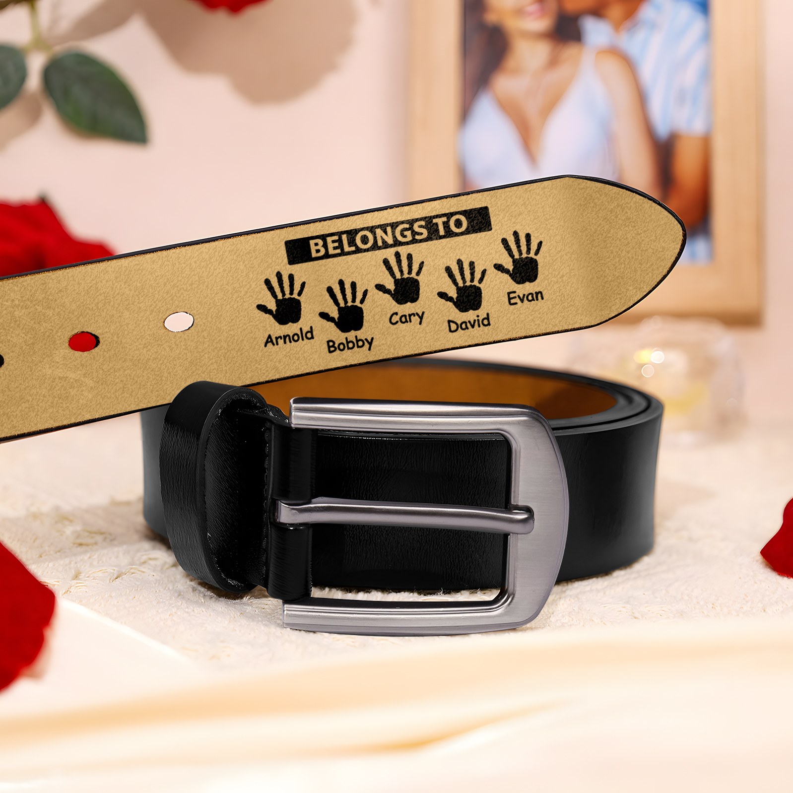 5 names & 2 texts - Personalized Leather Belt for Dad with symbolic handprints  – Hidden Message & Name - Father's Day