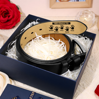 5 names & 2 texts - Personalized Leather Belt for Dad with symbolic handprints  – Hidden Message & Name - Father's Day