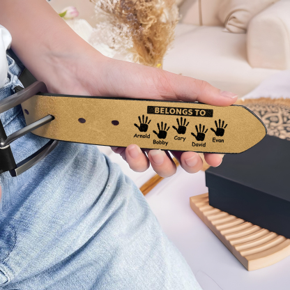 5 names & 2 texts - Personalized Leather Belt for Dad with symbolic handprints  – Hidden Message & Name - Father's Day