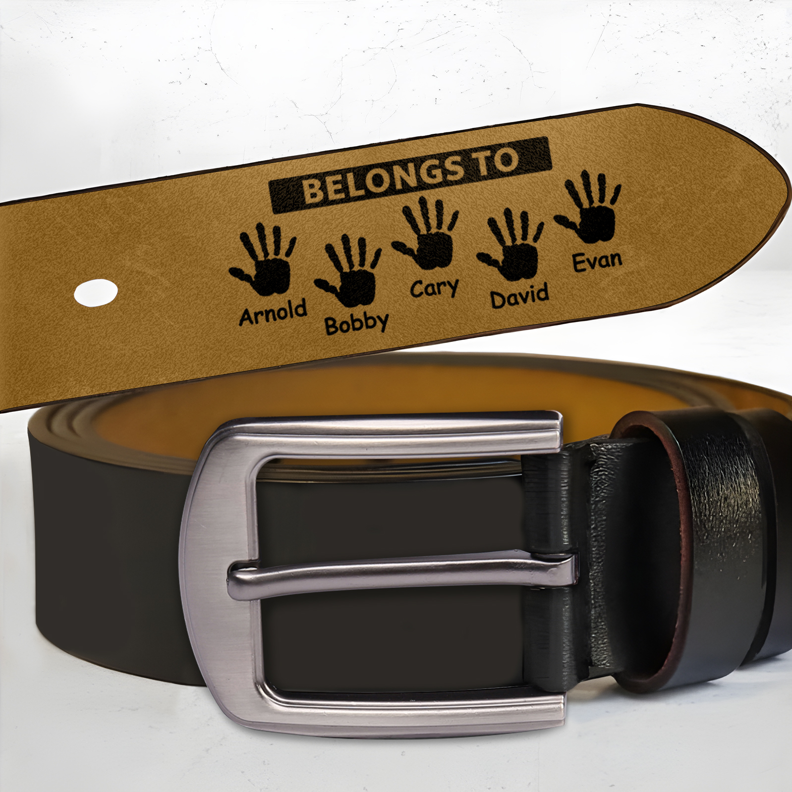 5 names & 2 texts - Personalized Leather Belt for Dad with symbolic handprints  – Hidden Message & Name - Father's Day