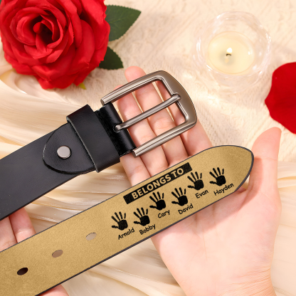 6 names & 2 texts - Personalized Leather Belt for Dad with symbolic handprints  – Hidden Message & Name - Father's Day