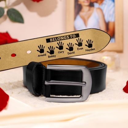 6 names & 2 texts - Personalized Leather Belt for Dad with symbolic handprints  – Hidden Message & Name - Father's Day