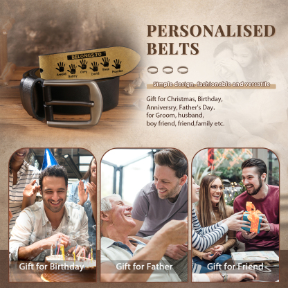 6 names & 2 texts - Personalized Leather Belt for Dad with symbolic handprints  – Hidden Message & Name - Father's Day