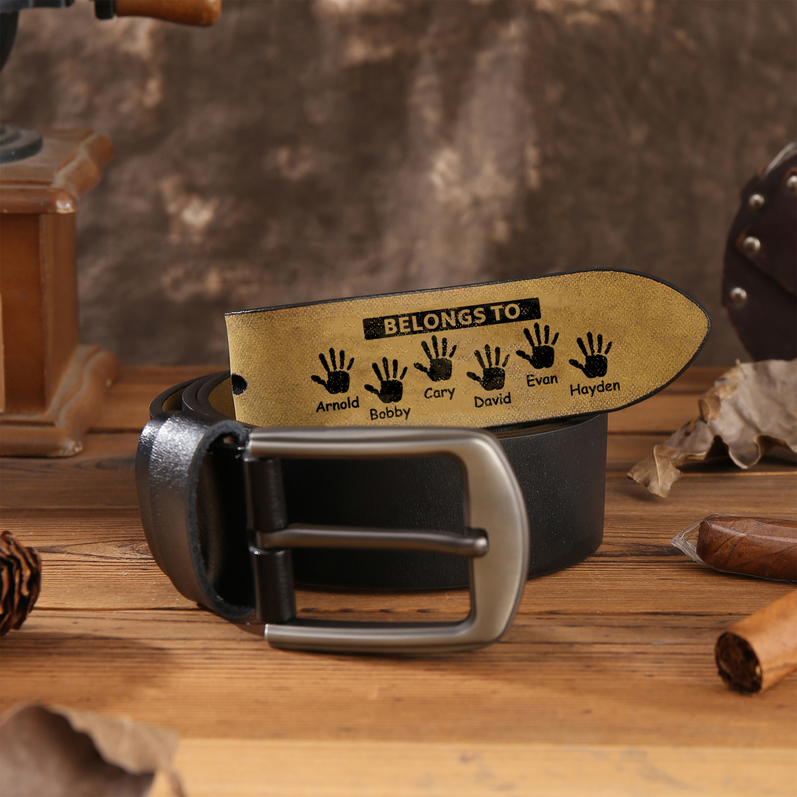 6 names & 2 texts - Personalized Leather Belt for Dad with symbolic handprints  – Hidden Message & Name - Father's Day