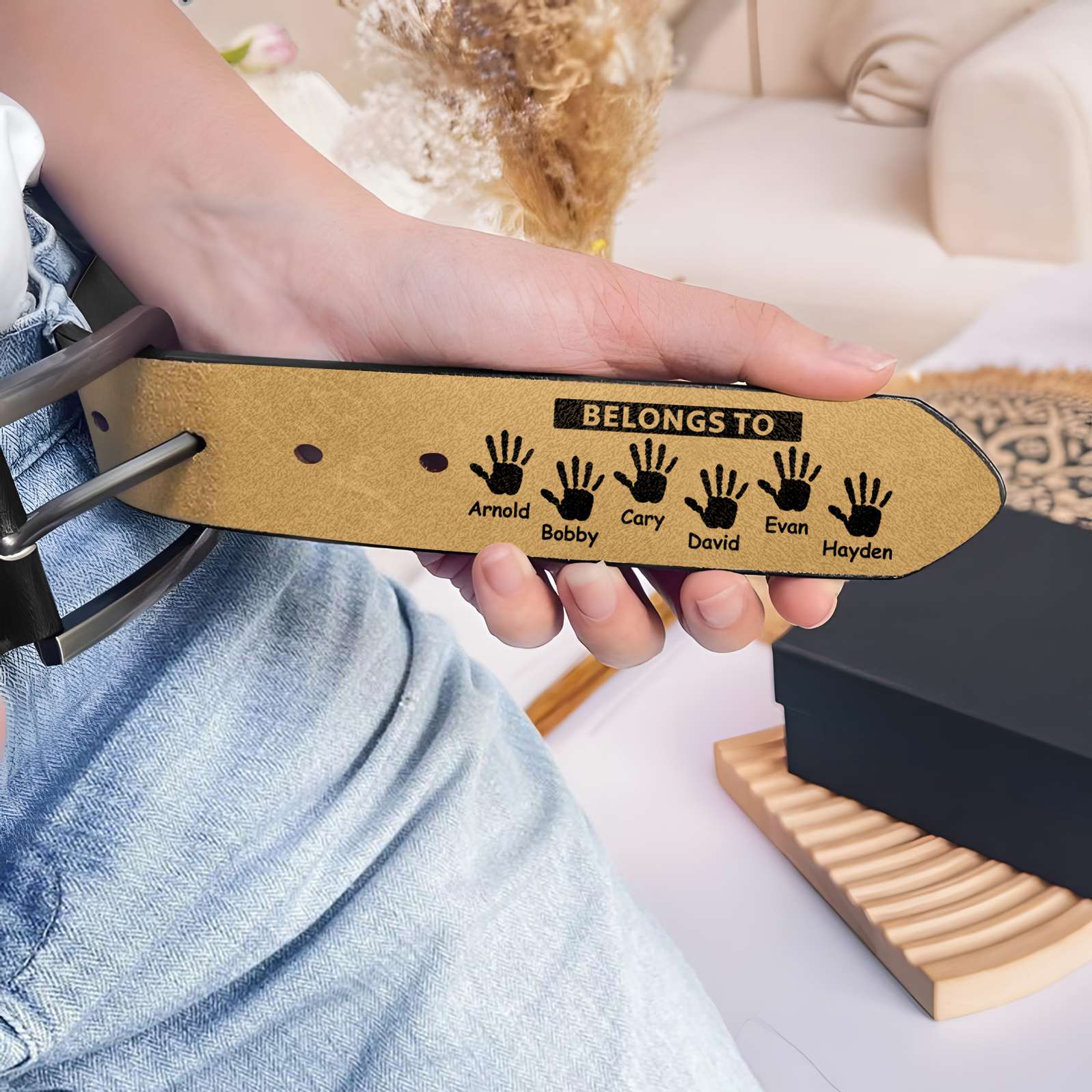 6 names & 2 texts - Personalized Leather Belt for Dad with symbolic handprints  – Hidden Message & Name - Father's Day