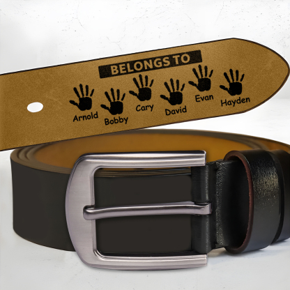 6 names & 2 texts - Personalized Leather Belt for Dad with symbolic handprints  – Hidden Message & Name - Father's Day