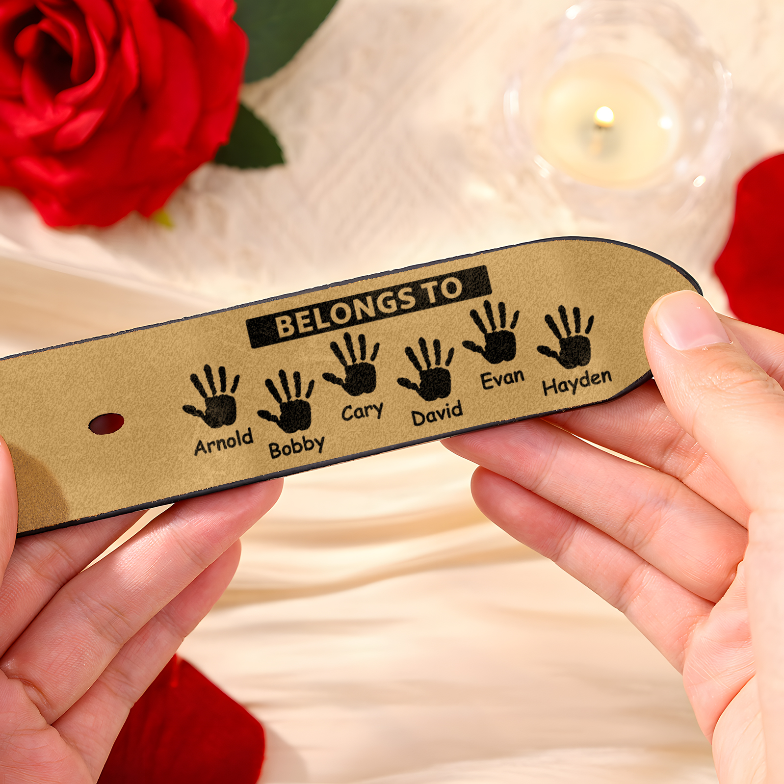 6 names & 2 texts - Personalized Leather Belt for Dad with symbolic handprints  – Hidden Message & Name - Father's Day