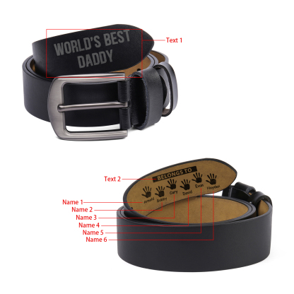 6 names & 2 texts - Personalized Leather Belt for Dad with symbolic handprints  – Hidden Message & Name - Father's Day