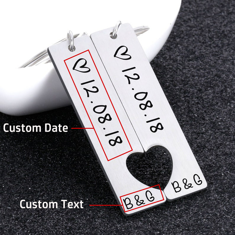 Personalized Heart Keyring Set with Custom Date & Initial Matching Valentine's gift for Couple | Jessemade