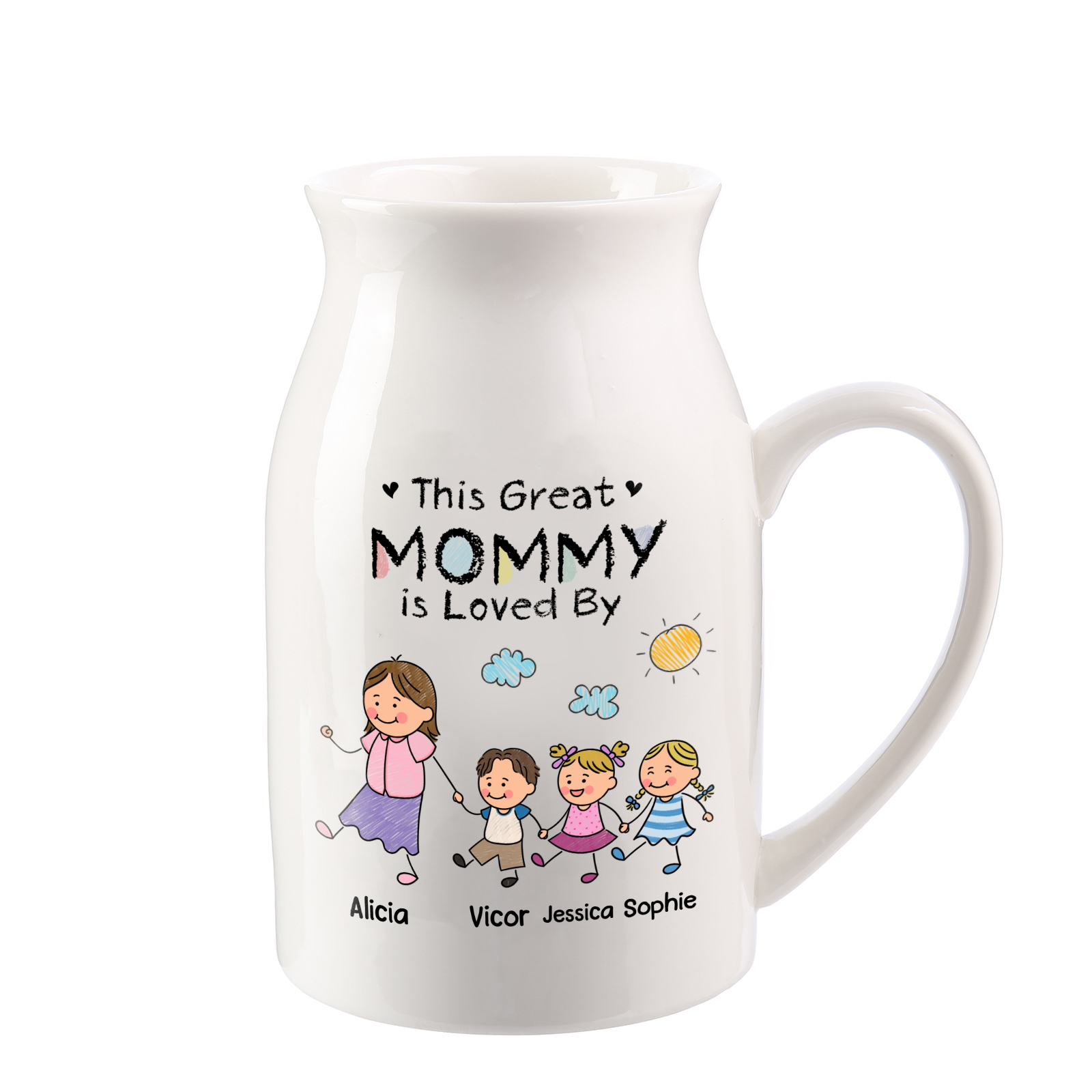 Personalized Ceramic Flower Vase For Grandma Customized With 1–8 Names And Sweet Child Figures