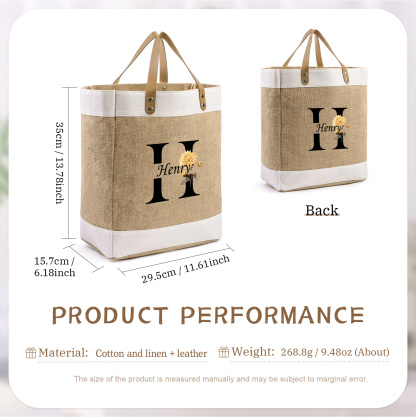 Personalized Jute Tote Bag, Birth Flower Monogram