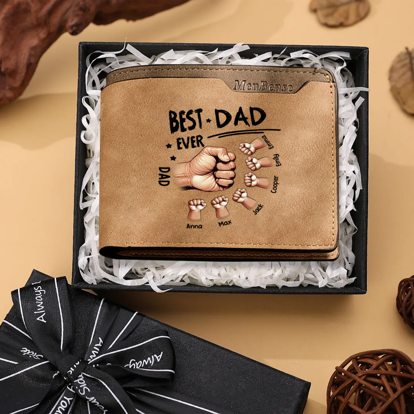 Best Dad Ever - Personalized Leather Wallet Custom 2-7 Names and Fist Bump| Father's Day Gift for Dad | Jessemade