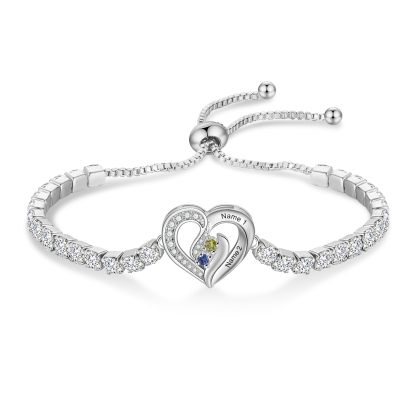Personalized Diamond Heart Birthstone Tennis Bracelet with 2–5 Custom Names