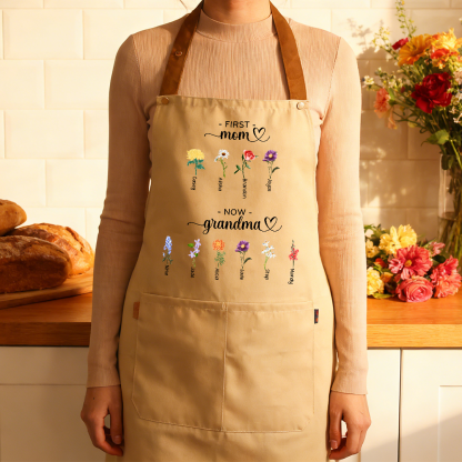 Personalized Apron “First Mom, Now Grandma” Custom with 2-16 Names and Birth Flowers
