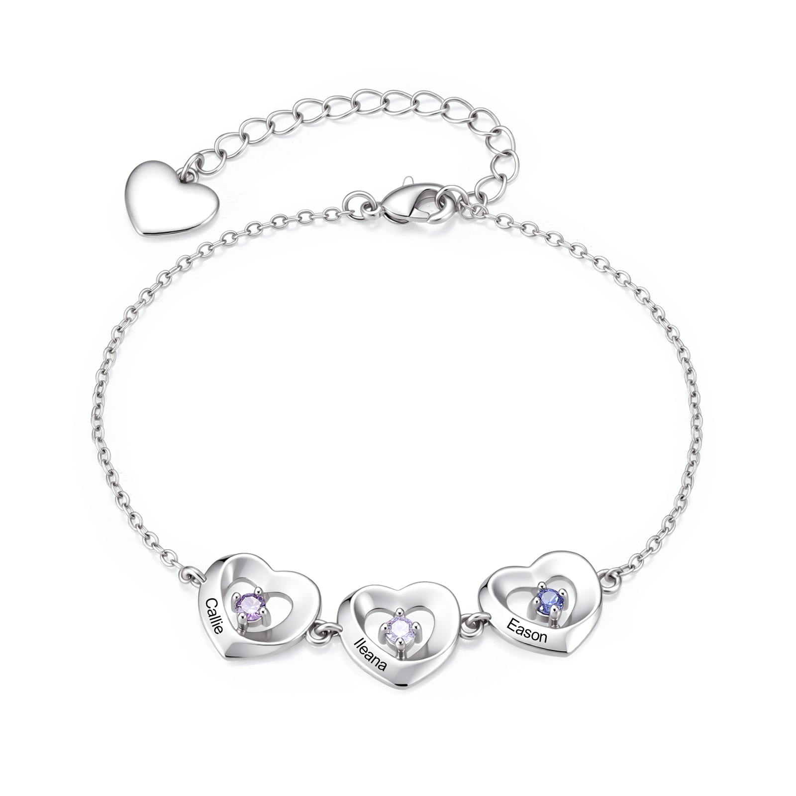 Personalized Linked Hearts Bracelet Customized with 2-5 Names and Birthstones Family Jewelry for Mom