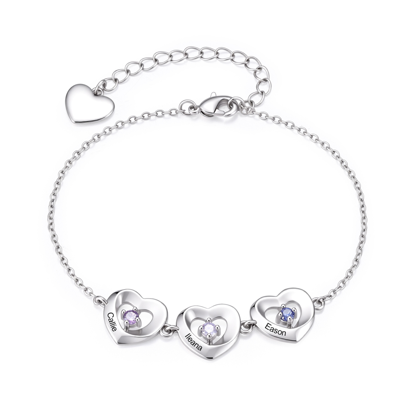 Personalized Linked Hearts Bracelet Customized with 2-5 Names and Birthstones Family Jewelry for Mom