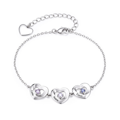 Personalized Linked Hearts Bracelet Customized with 2-5 Names and Birthstones Family Jewelry for Mom