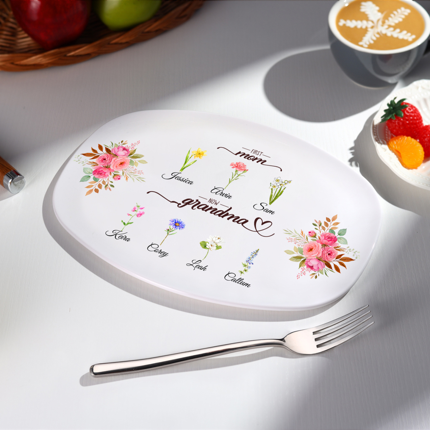 Oval Plate with a floral motif "First Mom, now Grandma"