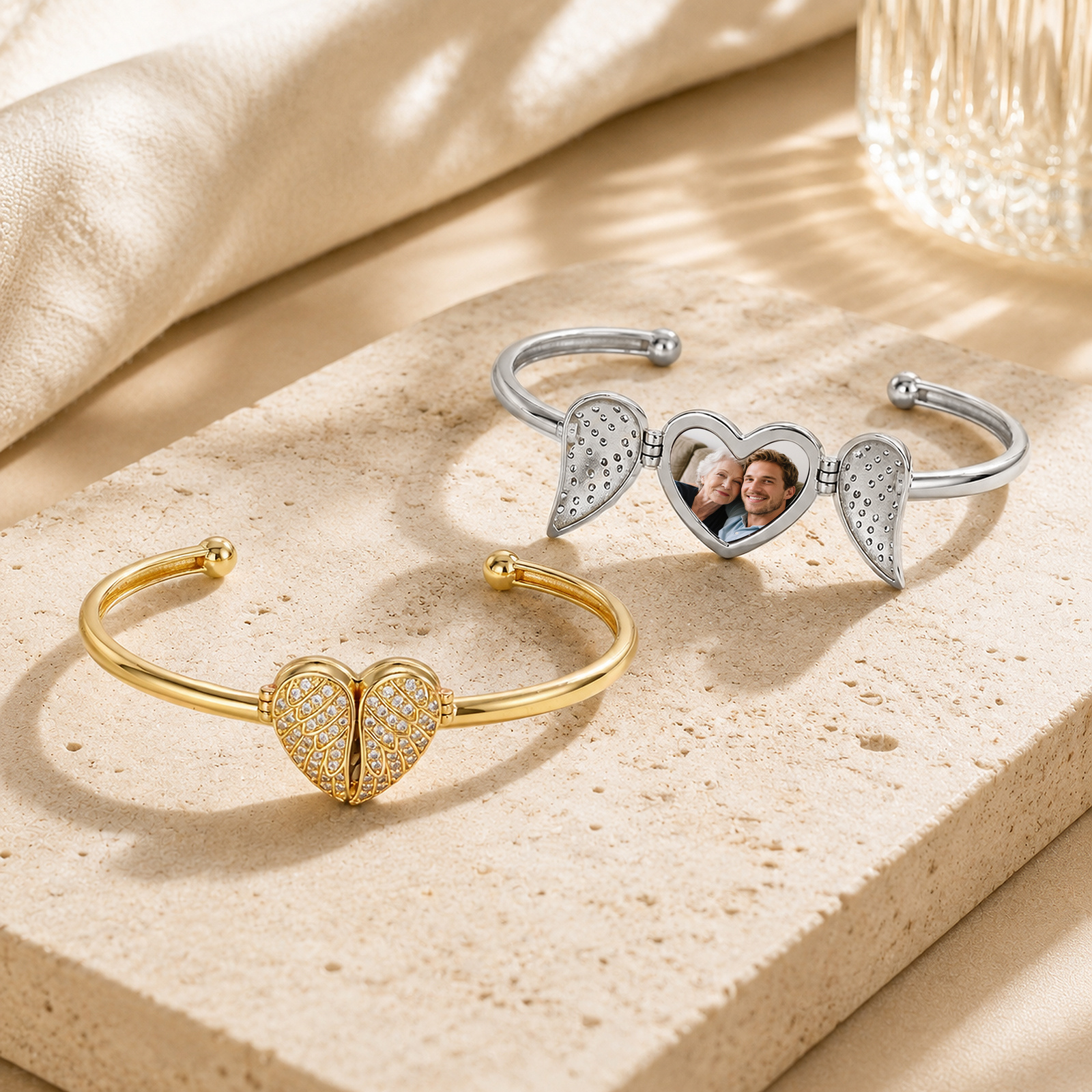 Personalized Angel Wing Heart Photo Cuff Bracelet
