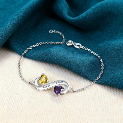 Personalized Infinity Heart Bracelet with 2 Birthstones Engraved 2 Names Bracelet Gifts For Her