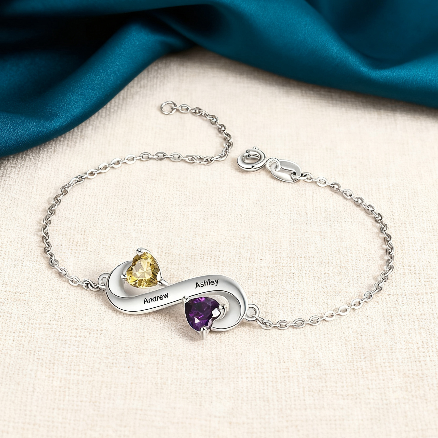 Personalized Infinity Heart Bracelet with 2 Birthstones Engraved 2 Names Bracelet Gifts For Her