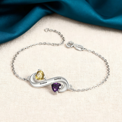 Personalized Infinity Heart Bracelet with 2 Birthstones Engraved 2 Names Bracelet Gifts For Her