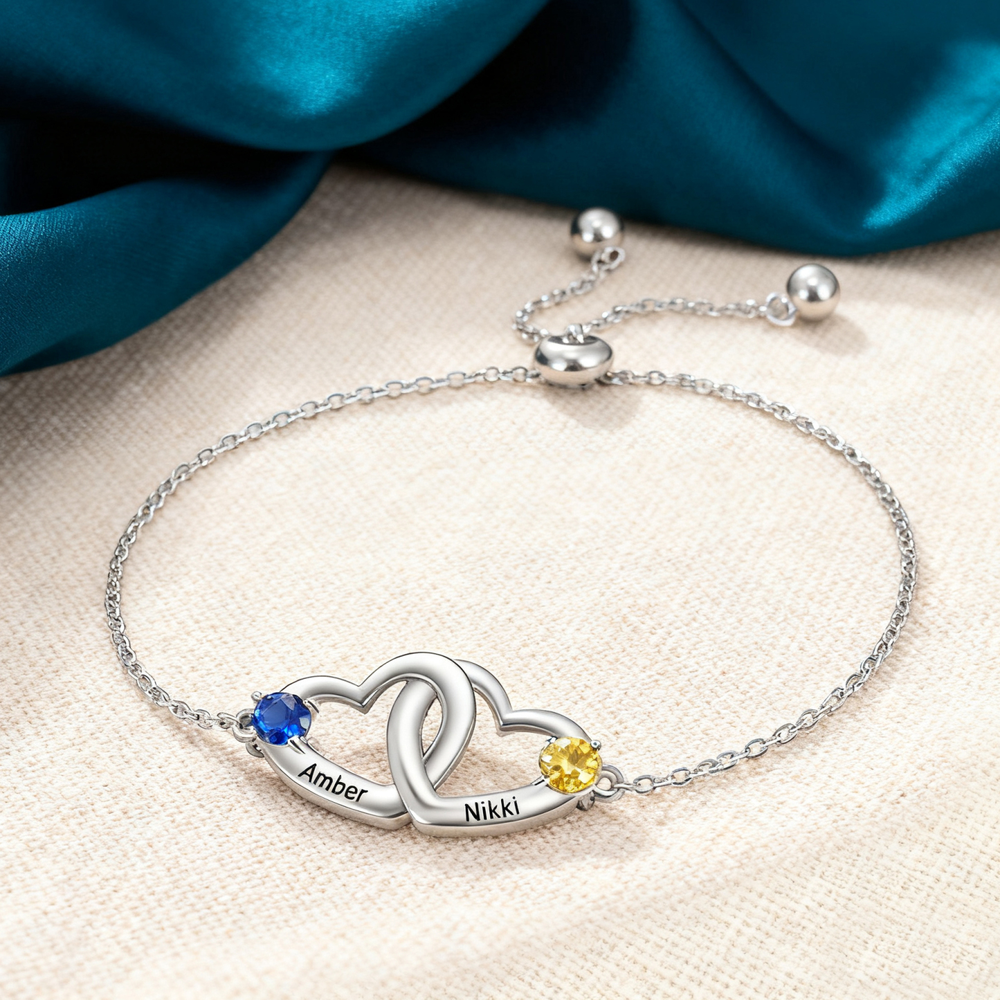Personalized Heart Bracelet With 2 Birthstones Engraved Names Bracelet Gift For Women