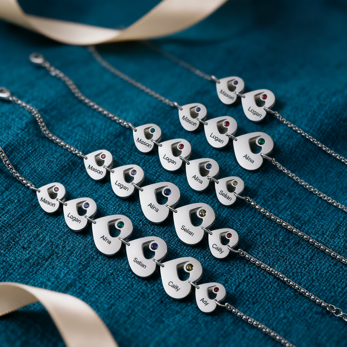 1-5 Name-Personalized Heart Bracelet With Birthstones Set With Gift Box Custom Name Family Bracelet Gifts for Her