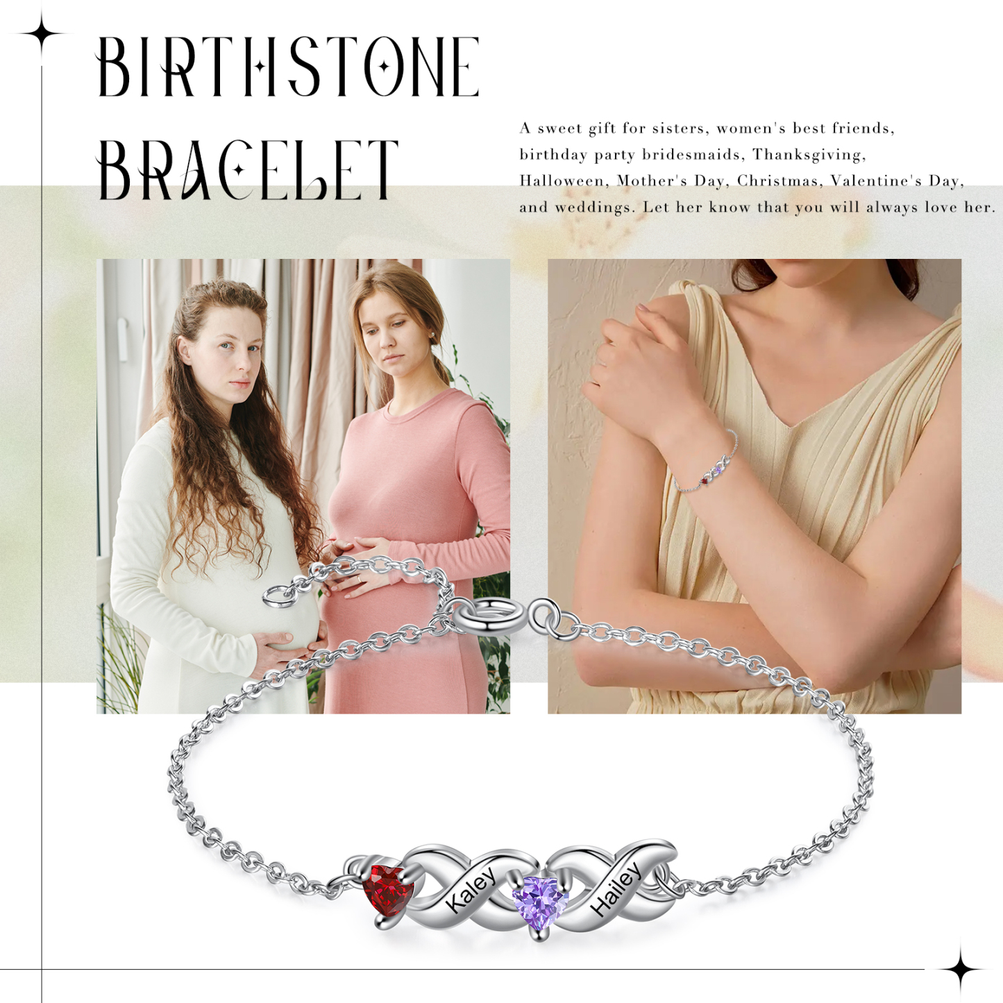 To My Grandma Bracelet Family Custom Names Bracelet Heart Personalized with 2 Birthstones |Jessmade