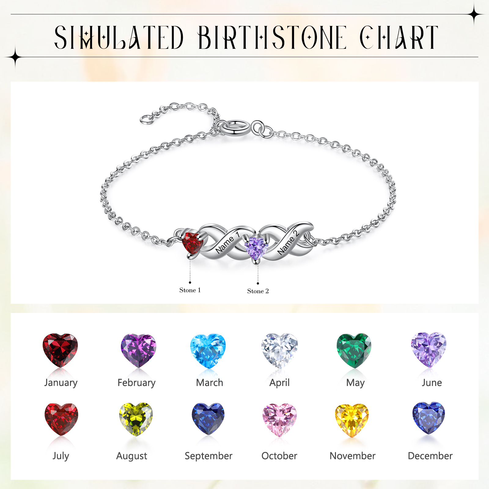 To My Grandma Bracelet Family Custom Names Bracelet Heart Personalized with 2 Birthstones |Jessmade