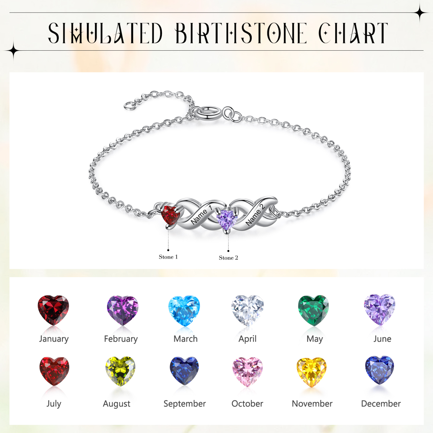 To My Grandma Bracelet Family Custom Names Bracelet Heart Personalized with 2 Birthstones |Jessmade