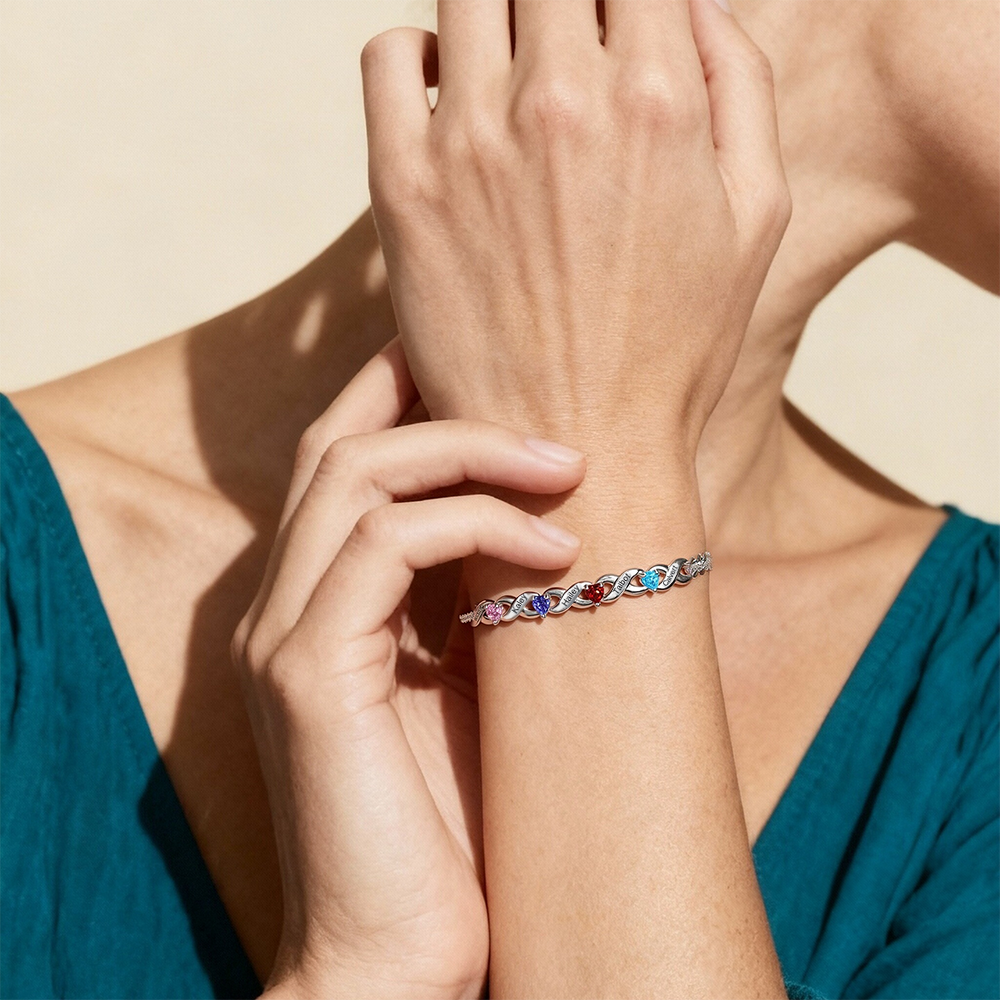 Personalized Bracelet With 2 Heart Birthstones Engraved Names Bracelet Gift For Women