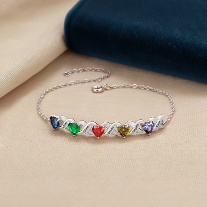 Personalized Bracelet With 2 Heart Birthstones Engraved Names Bracelet Gift For Women