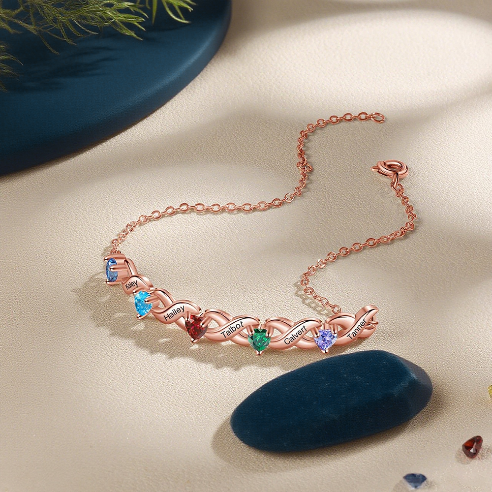 Personalized Bracelet With 2 Heart Birthstones Engraved Names Bracelet Gift For Women