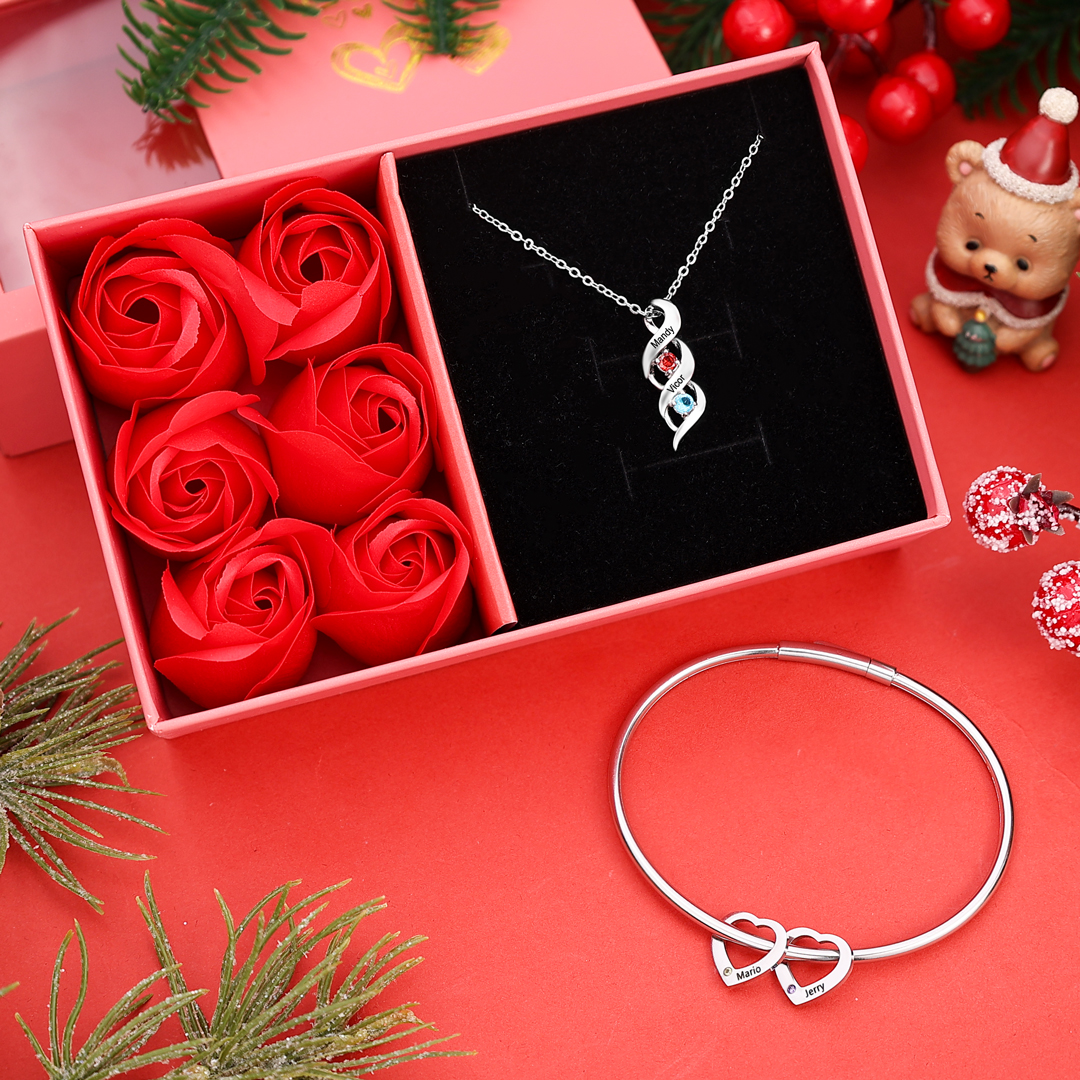 2 Names-Personalized Heart Bracelet and Necklace Set With 2 Birthstones Bangle Engraved Names Bracelet and Necklace Gift For Women
