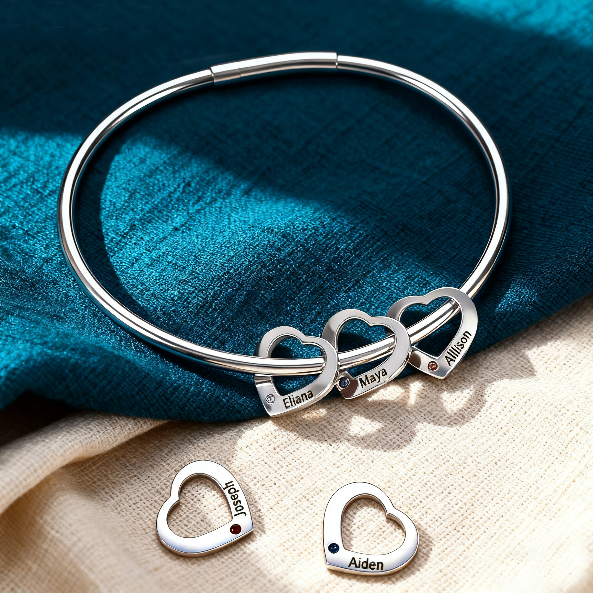 2-6 Names-Personalized Heart Bracelet With 2 Birthstones Bangle Engraved Names Bracelet Gift For Women