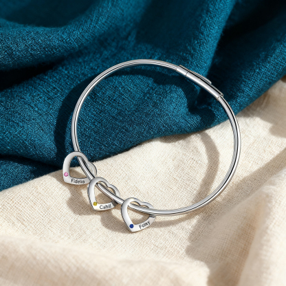 2-6 Names-Personalized Heart Bracelet With 2 Birthstones Bangle Engraved Names Bracelet Gift For Women