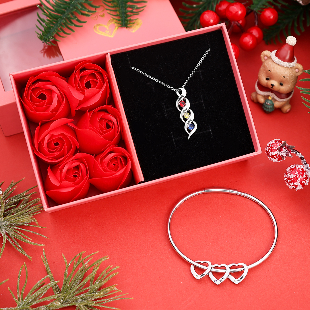 3 Names-Personalized Heart Bracelet & Necklace Set With 3 Birthstones