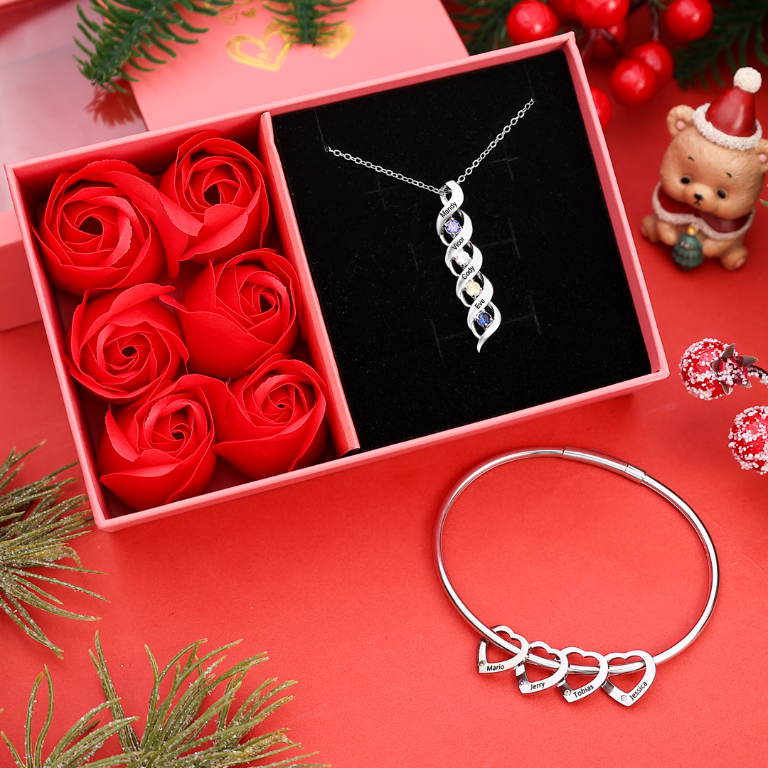 4 Names-Personalized Heart Bracelet & Necklace Set With 4 Birthstones Bangle Engraved Names Bracelet & Necklace Gift For Women