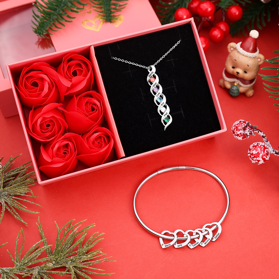 5 Names-Personalized Heart Bracelet & Necklace Set With 5 Birthstones